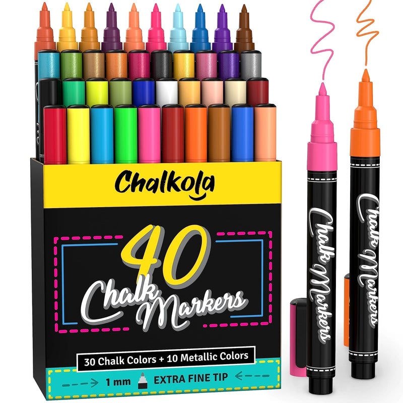 Chalkola Extra Fine Tip Chalk Markers - (1mm Tip, Pack of 40) Neon, Pastel & Metallic | Erasable Liquid Chalk Pens for Chalkboard, Blackboard, Window, Labels, Bistro, Glass - Wet Erase Markers Fine Point - Image 1
